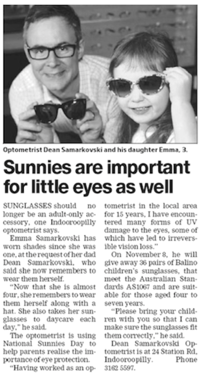 Closeup of dean samarkovski and his daughter Emma wearing sunglasses promoting the importance of UV protection for the eyes