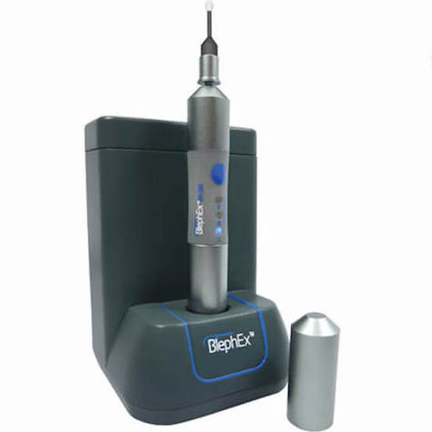 blephex micro exfoliation device sitting on charger used for exfoliating lid margins in dry eye disease.