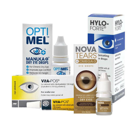 Dry eye drops such as Optimal Manuka honey eye drops and Nova tears eye drops and hyloforte eye drops and VitaPos ointment are all useful for treating dry disease